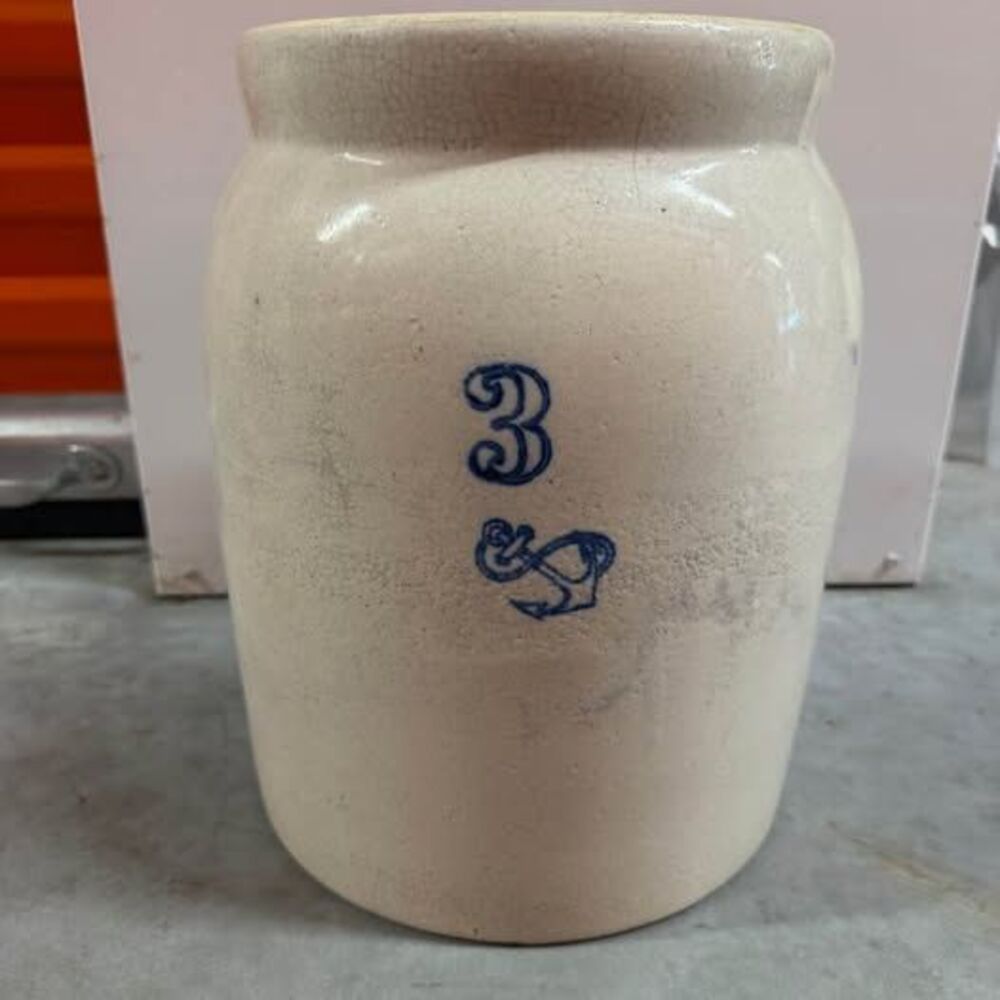 Antique 3-Gallon Stoneware Crock – Blue Stamp anchor Logo – Vintage pottery